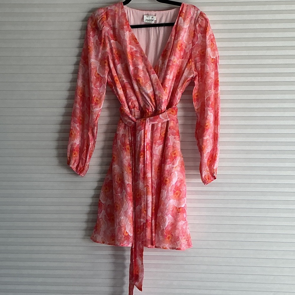 Elegant Pink and Orange Floral Long Sleeve Dress